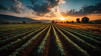 Scenic view of agricultural field with winding path and sunset sky over horizon in a rural area during late evening hours