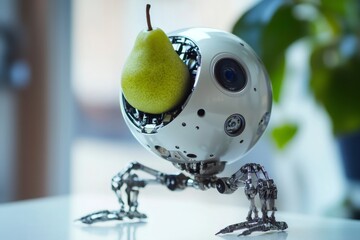 Spherical robot balancing a fresh pear on its metallic body, symbolizing advanced ai, automation, precision, and future technology