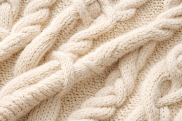 A close-up view of a white cable knit texture showcasing intricate yarn patterns and fabric folds