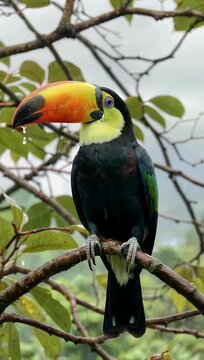 Cinematic 4K nature footage of Montezuma oropendola perched quietly on tree branch during rainy afternoon Boca Tapada Costa Rica showcasing tropical wildlife moody rainforest 