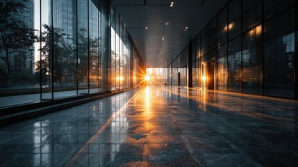 Bright sunlight shines through glass walls in an empty office corridor during sunrise, creating a warm atmosphere in a modern business area