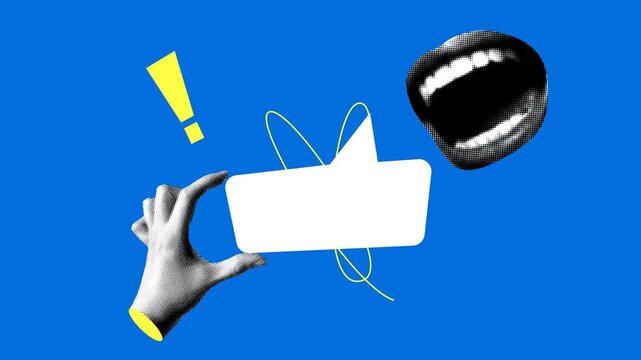 Halftone hand holding speech bubble with copy space. Laughing mouth. Concept of conversation, communication. Speakers quote. Collage animation
