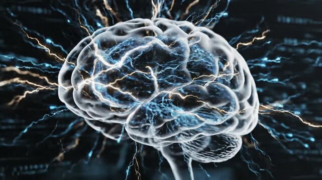 P80-3D brain model glowing with neural network artificial intelligence 4K 10s