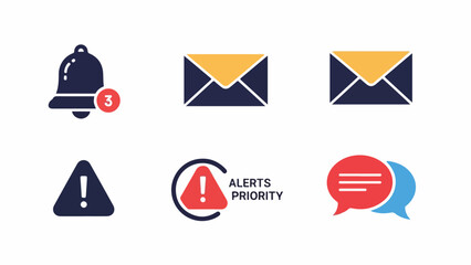 A versatile collection of flat design user interface icons, featuring notification bells, email messages, and various warning alerts for seamless digital communication platforms