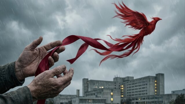 A moment of intense liberation as a brilliant red phoenix emerges from flowing ribbons, symbolizing freedom and new beginnings against a stark backdrop