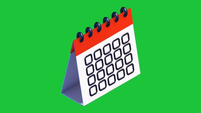 A vibrant 3D desktop calendar with red top and black spiral binding on a green background, ideal for scheduling and organization