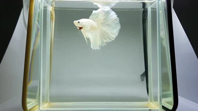 Betta fish male fancy white platinum halfmoon long tail from Thailand, Siamese fighting fish on isolated grey background.