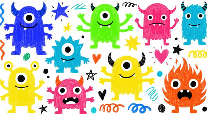 Colorful cartoon monsters with horns. © YAZID