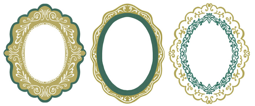 Set of oval decorative frames with intricate floral and decorative details in green tones. Hand-drawn vintage style, for invitations, labels, greeting cards, branding, scrapbooking, posters, templates
