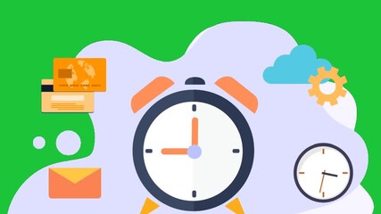 alarm clock envelope, gear icon, time management, colorful flat design, green background, motion graphics