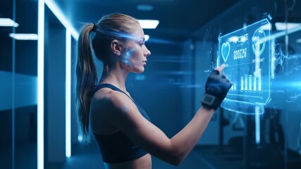 Woman athlete touches holographic fitness display in gym showing workout data. Athlete uses tracker for fitness metrics. Woman monitors heart rate with holographic tracker display in gym. - Powered by Adobe