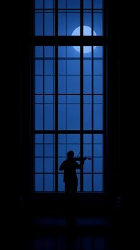 Lonely silhouette of musician playing violin music against large window at night. full moon provides dramatic blue light, enhancing this powerful feeling of solitude