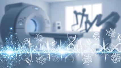 Advanced medical imaging technology with DNA and molecular structures representing scientific research and diagnostics.