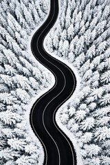 A serene winter landscape with a winding road through snow-covered evergreen trees viewed from above