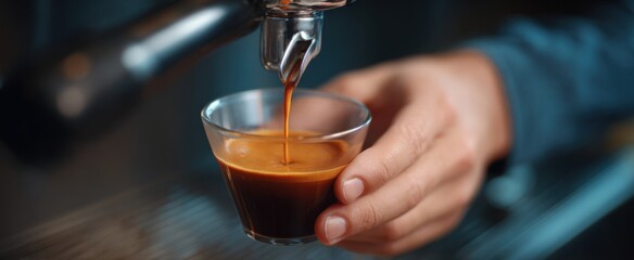 The barista brews a bold shot of espresso from the coffee maker.