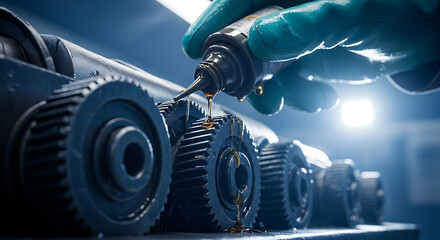 Close-up shot of a gloved hand applying oil to a series of metal gears in a mechanical system
