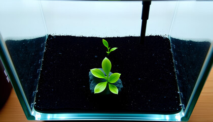 Minimalist nano aquarium with one floating plant, small lava rock, fine black sand, 3-gallon size, top-down perspective, tranquil compact setup 2