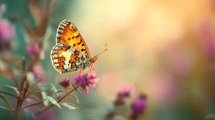 Obraz premium A vibrant butterfly perched delicately on a blooming flower, showcasing nature's beauty