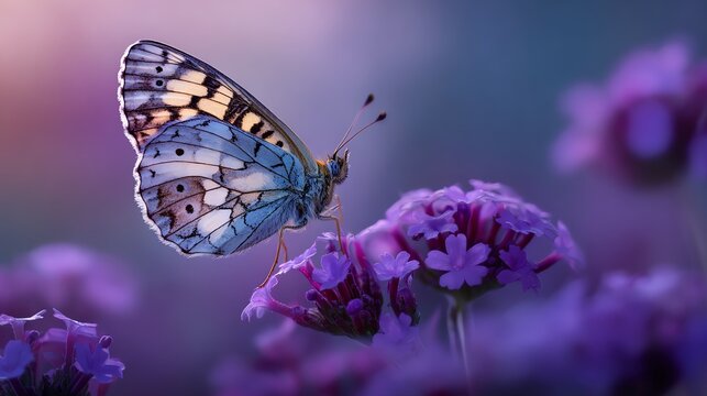 A vibrant butterfly perched delicately on blooming purple flowers, showcasing intricate patterns and colors against a soft pastel background, capturing the beauty of nature's elega
