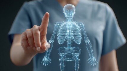 Professional with blue scrubs examining a holographic AI skeleton model in healthcare setting, focusing on innovation and technology in medicine
