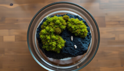 Minimalist Wabi-Kusa arrangement on a volcanic stone base, covered in mini ferns and Riccia moss, placed inside a shallow glass container 2