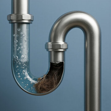 Transparent view of a bathroom sink P-trap (siphon) clogged with a large clump of hair and debris. Illustration of a common household plumbing problem and blockage.