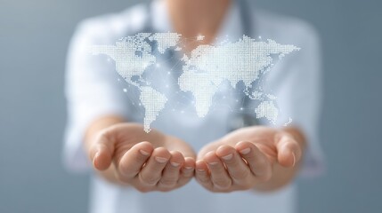 Professional Individual Presenting a Digital World Map Hologram in Hands Signifying Global Connectivity and Advanced Technology February 2023