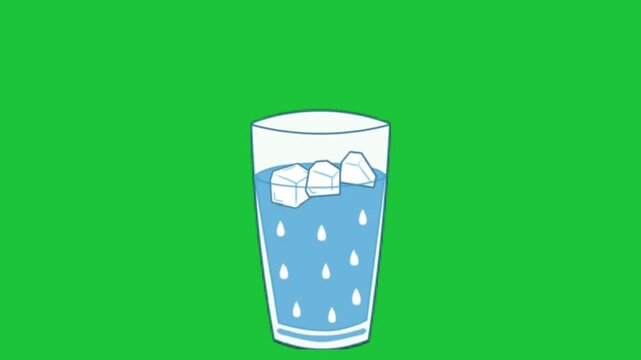 Cartoon glass of cold water with ice cubes and condensation drops animation on green screen chroma key, seamless loop for refresh effects
