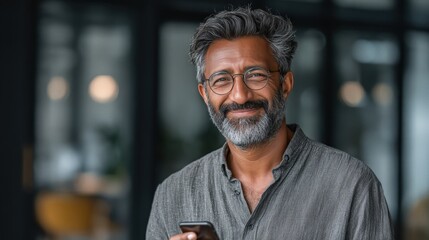 Mature businessman in office setting smiles while using smartphone for business tasks and applications during work hours
