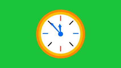Cartoon orange wall clock with moving blue hands animation on green screen chroma key background, seamless loop for time