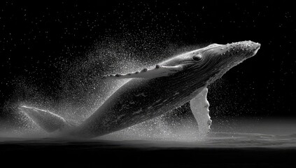 Fototapeta premium A grayscale whale leaps gracefully through the air, surrounded by water spray in a dramatic black and white scene