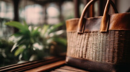 Medium shot of sustainable travel luggage featuring natural dyes main bag in sharp focus with blurred surroundings conveying environmentally friendly craftsmanship.