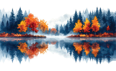 Autumn Forest Lake Reflection Watercolor Landscape on White vector illutrastion transparent background