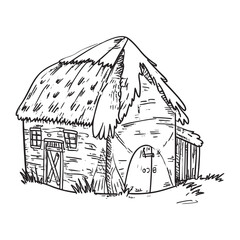 Hand-drawn sketch of a rustic thatched-roof hut with watercolor vector illutrastion transparent background