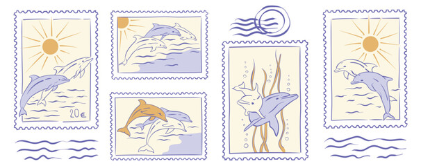 Dolphin postage stamps set in vintage handdrawn style. Summer sea, sun and marine elements. Vector bundle.