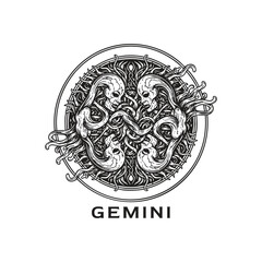 Intricate dark fantasy engraving of the Gemini zodiac, featuring skeletal twin spirits intertwined with mystical tentacles in a circular emblem