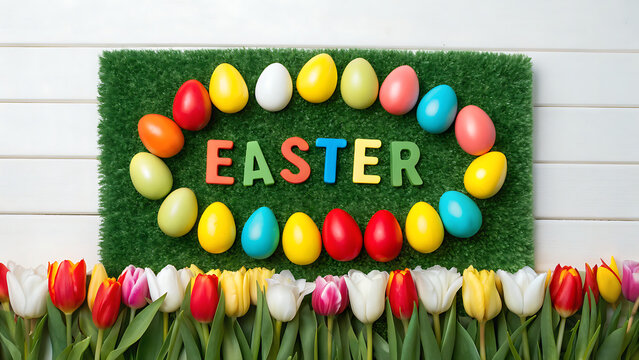 Celebrate easter with colorful eggs and tulips - Powered by Adobe