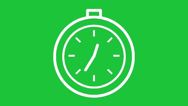 stopwatch icon with moving second hand animation on green screen chroma key background, seamless loop for timer overlays