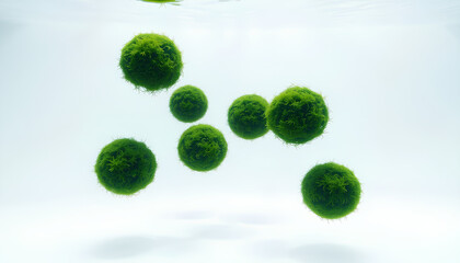Modern negative-space aquascape with floating aquatic moss balls, suspended in clear water, white background, soft underwater shadows 2