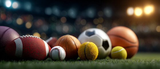 Variety of Sports Equipment Balls on Green Stadium Turf