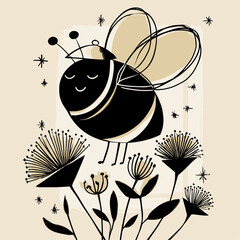 Playful Illustrated Bee Surrounded by Flowers