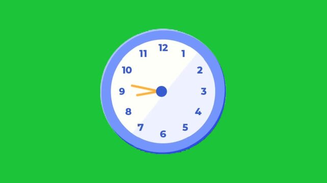 Cute colorful analog clock with moving hands animation on green screen chroma key background, seamless loop for time or countdown overlays