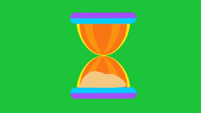 Colorful hourglass with flowing sand animation on green screen chroma key background, seamless loop for waiting or countdown overlays