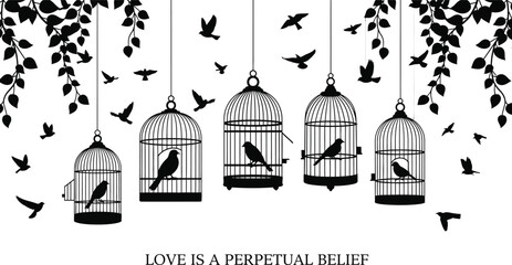 Birds in and out of cages with a philosophical quote