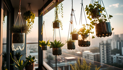 Modern balcony garden with hanging planters made from upcycled plastic bottles, filled with succulents and herbs, overlooking cityscape