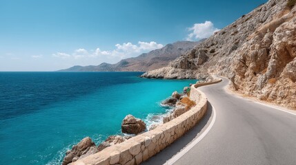 Fototapeta premium Winding Coastal Road Overlooking Vibrant Turquoise Ocean Under Bright Blue Sky with Scenic Mountainous Background