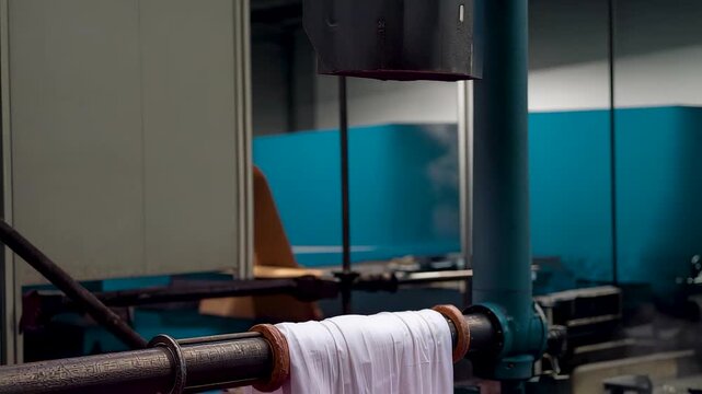 Textile manufacturing machine processing fabric rolls inside industrial factory showing automated weaving workflow and controlled production environment