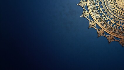 Luxurious ramadan mandala design with brushed metallic gold texture on a deep navy blue gradient background, evoking elegance and cultural richness.