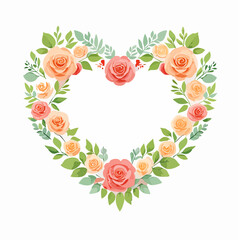 Heart-shaped floral frame with roses and leaves in flat vector style. Ideal for Valentine&rsquo;s Day cards, wedding invitations, packaging, and romantic designs.