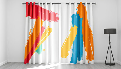 Modern curtain with vibrant abstract brushstroke design, bold colors, artistic textile texture, displayed in a clean minimalist room, ultra-detailed